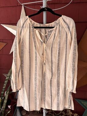 Lucky Brand Tunic Blouse White Black Peasant Boho Top Long Sleeve Women’s Size M